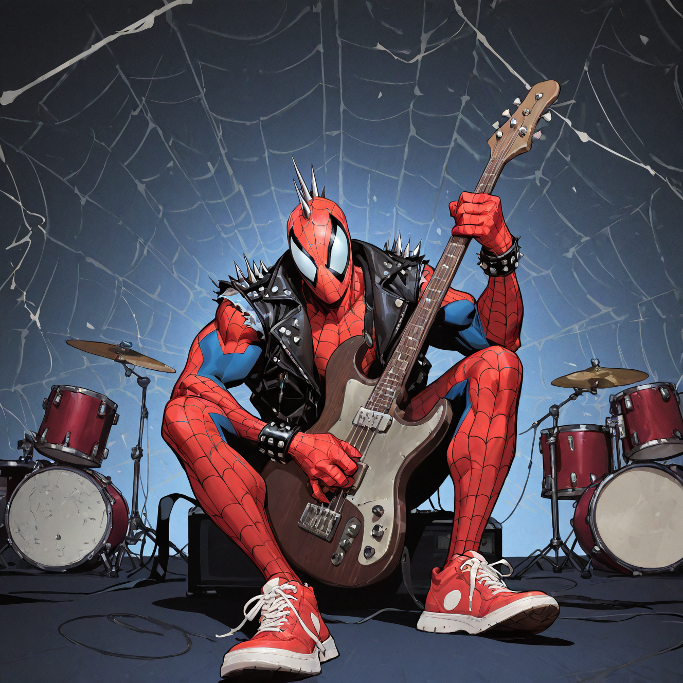 <lora:SPIDERPUNK:1>spiderpunk, solo, looking at viewer, 1boy, holding, jewelry, sitting, jacket, male focus, horns, vest, bracelet, muscular, mask, bodysuit, sneakers, instrument, spikes, guitar, holding instrument, leather, spiked bracelet, electric guitar, superhero, red bodysuit, leather jacket, silk, spider web, drum, spider web print, bass guitar, two-tone bodysuit, drum set, studded bracelet, amplifier, western comics (style), blue eyes, lamp, playing instrument,  dynamic perspective, night, detailed background, motion blur, film grain, abstract, natural lighting, fantasy, cinematic, dynamic view, very awa, masterpiece, best quality, absurdres, newest, perfect quality, detailed background, intricate details, (artist:fl \(l-fl\):0.7), (artist:tooboshoo:0.7), (artist:dizdoodz:0.8)    <lora:bulge:1> bulge