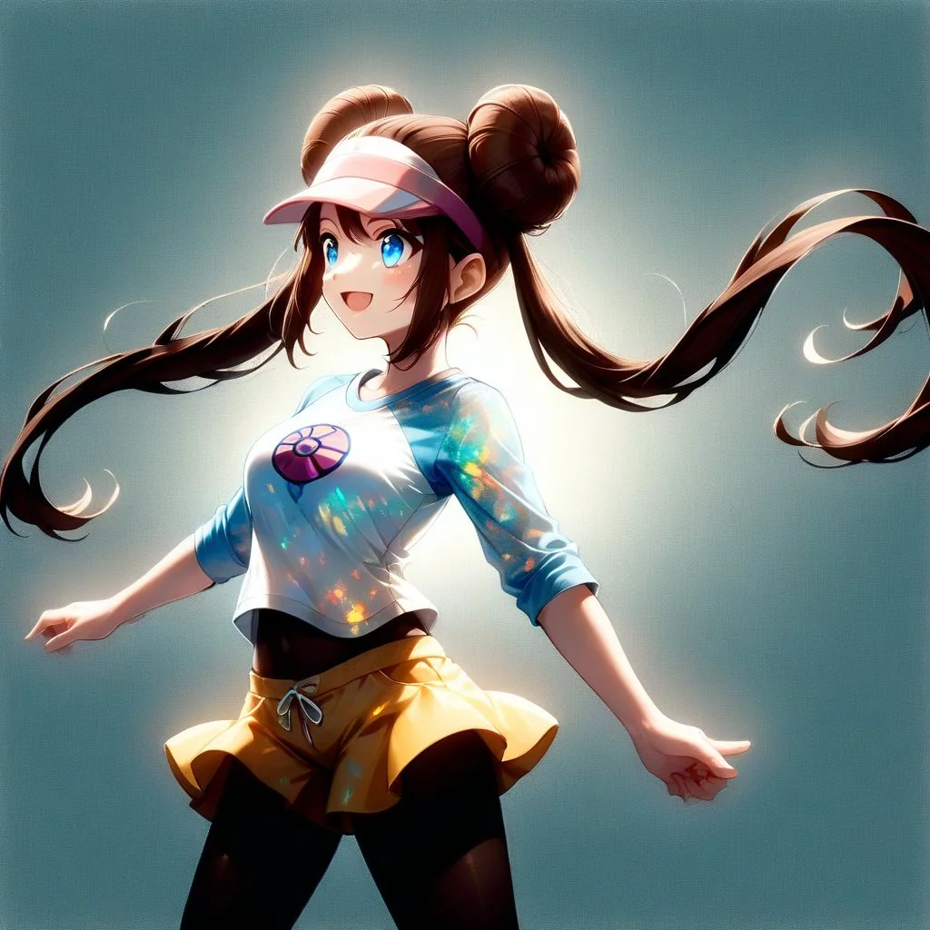1girl, solo, ral-opal, double exposure, rosa pokemon, brown hair, blue eyes, long hair, hair bun, double bun, twintails, bangs, sidelocks, visor cap, white shirt, light blue raglan sleeves, long sleeves, sleeves past elbows, yellow shorts, black pantyhose, pink socks, white sneakers, smile, open mouth,