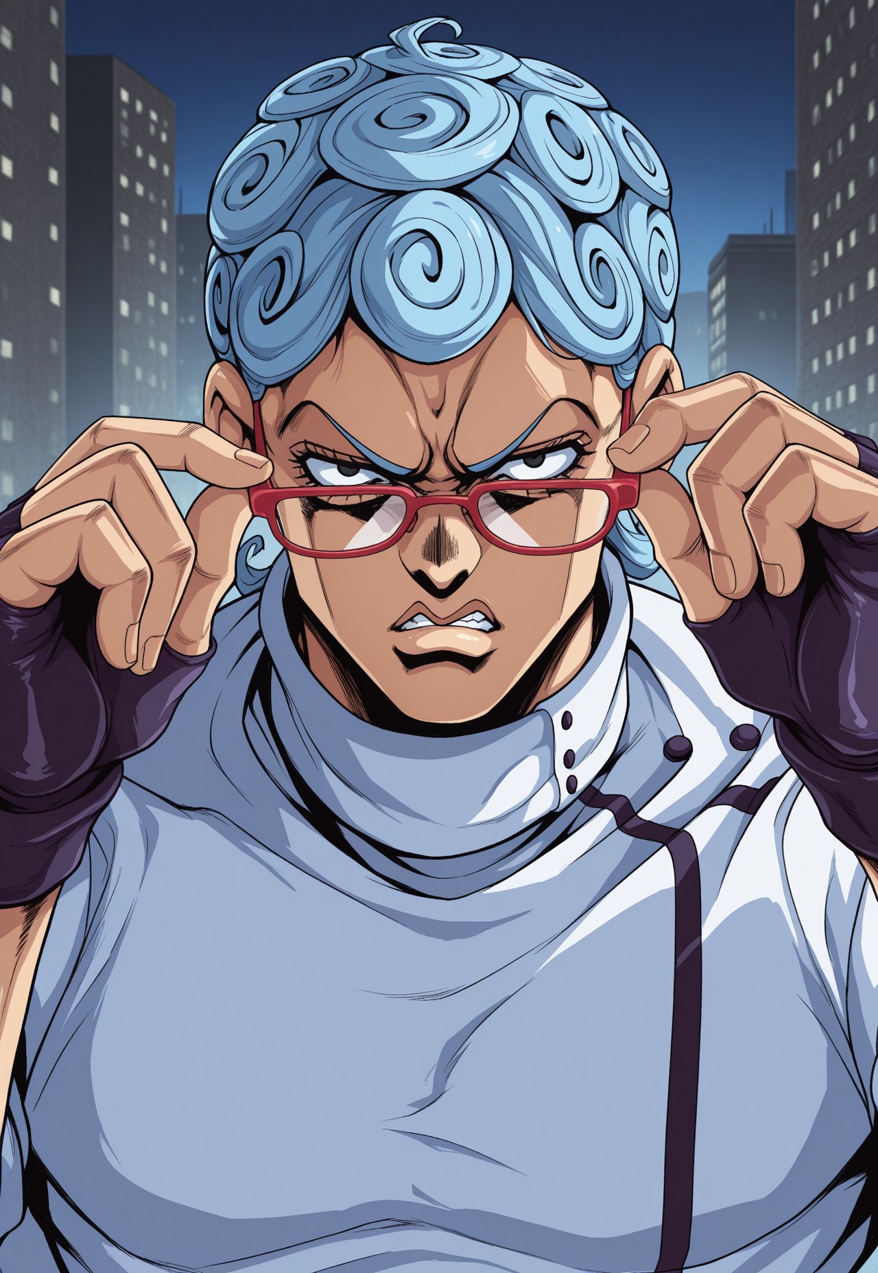 jojo's bizarre adventure, hirohiko araki style,  anime, masterpiece, best quality, detailed background, 8k, 1boy, solo, Ghiaccio, light blue hair, short hair, curly hair, black eyes, red glasses, shirt collar, white shirt, long-sleeved shirt, fingerless gloves, pushing up glasses, standing, outdoors, city, night, face focus, close-up, tilting head, half body, glaring at viewer, no pose,