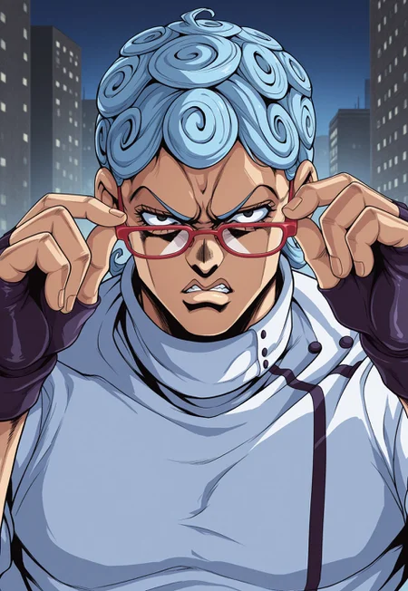 jojo's bizarre adventure, hirohiko araki style, anime, masterpiece, best quality, detailed background, 8k, 1boy, solo, Ghiaccio, light blue hair, short hair, curly hair, black eyes, red glasses, shirt collar, white shirt, long-sleeved shirt, fingerless gloves, pushing up glasses, standing, outdoors, city, night, face focus, close-up, tilting head, half body, glaring at viewer, no pose,