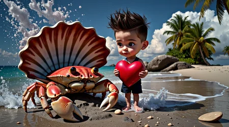 a cute boy, with punk hair, holding a glossy Valentines heart to a hermid crab in a big konk shell (seashell)