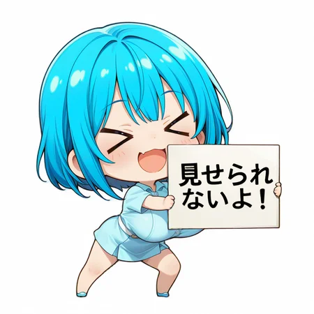 <lora:nshnjob:0.7>
blue hair, blue eyes, short hair, anime coloring, huge breasts, bangs,
nurse, blue nurse,
 <lora:misera:1.2>misera,
1girl, solo,
>_<,
chibi,
smile,
full body,
closed eyes,
open mouth,
holding sign, white sign,
sign that says "è¦ããããªããï¼"
standing,
white background, simple background
masterpiece, beautiful face, best quality,
