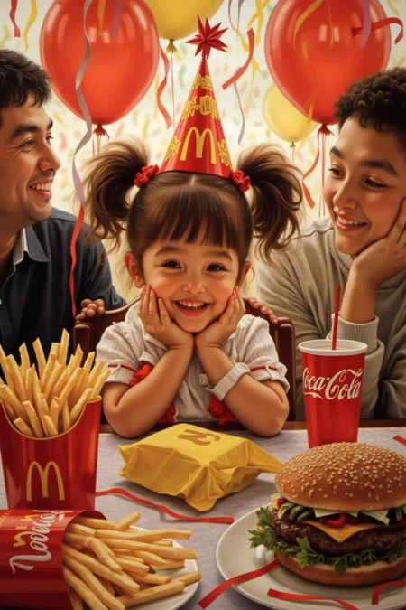 jati1 painting
A four-year-old girl with twin pigtails is celebrating her birthday at McDonald's, a place that feels like a magical playground for children. The joy on her face is unmistakable as she sits at a table set with a colorful array of items: crispy McDonald's fries in a bright yellow packet, a refreshing cup of Coca-Cola, and a juicy hamburger wrapped in its iconic packaging. Her pigtails bounce playfully as she moves, adding to the lively atmosphere. The table is also adorned with festive decorations, including balloons and streamers that match the vibrant McDonald's red and yellow color scheme. Family members gather around, their smiles reflecting the warmth and love of the occasion. The lighting inside the restaurant is soft yet bright, creating a welcoming environment that highlights the happiness of the moment. This scene captures the pure delight and excitement of a young child's birthday celebration, set against the backdrop of a beloved fast-food chain, where simple pleasures bring immense joy
<lora:jati1_cap_d6a3:1.0><lora:817333444943056374:0>