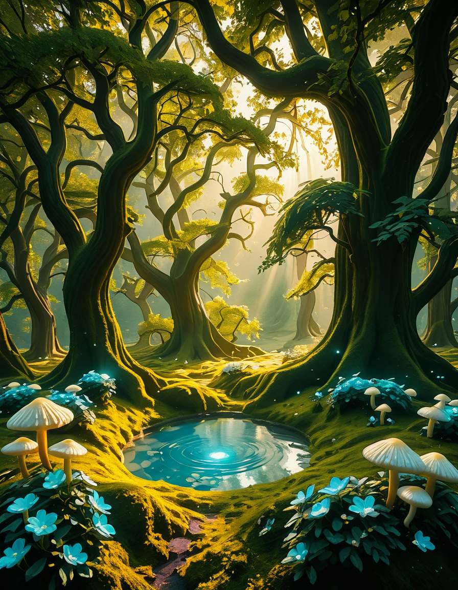 A mystical enchanted forest bathed in a soft, ethereal glow. Towering ancient trees with twisted roots and bioluminescent moss create a dreamlike atmosphere. The air is filled with a faint, magical mist that swirls gently around vibrant, oversized mushrooms and glowing blue and purple flowers. Delicate fireflies and tiny floating orbs of light hover in the air, illuminating the dense foliage with a magical shimmer. A narrow, winding path covered in soft moss leads deeper into the mysterious woodland, where faint beams of golden sunlight filter through the thick canopy, casting intricate patterns on the forest floor. The colors are rich and vibrant, with deep emerald greens, soft blues, and glowing purples creating a surreal and otherworldly ambiance. The scene is highly detailed and photorealistic, capturing the textures of the moss-covered tree trunks, the luminescent flora, and the misty, dreamlike atmosphere of the enchanted forest.
<lora:SDXLFaeTastic2400:0.4> <lora:extremely_detailed:0.4> extremely detailed,<lora:3nch4nt3d_f0r3st-ill:1>,3nch4nt3d f0r3st, Masterpiece,best quality,hi res,8k,hi res,8k,award winning,(sharp focus, intricate, highly detailed),