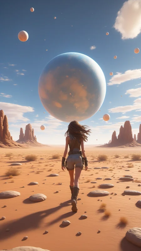 2girl,full body,brown eyes,long hair,looking from above,the space,afloat,moons,Running position,Wide-angle lens distortion,BJ_debris,outdoors,sky,day,cloud,blue_sky,no_humans,scenery,sunset,desert,Photographic,3D Model,Cinematic,(masterpiece:1.4),Rebellious girl,NVDI,building,A high resolution,ultra - detailed,<lora:SDXL_debris:0.5>,