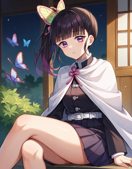 score_9, score_8_up, score_7_up, source_anime,
kanaotsuyuri, <lora:kanao-tsuyuri-ponyxl-lora-nochekaiser:1>,
kanao tsuyuri, black hair, butterfly, butterfly hair ornament, purple eyes, side ponytail, ponytail,
black skirt, cape, demon slayer uniform, long sleeves, pleated skirt, skirt, white cape,
outdoors, sitting, porch, butterfly,
looking at viewer, dutch angle, cowboy shot,