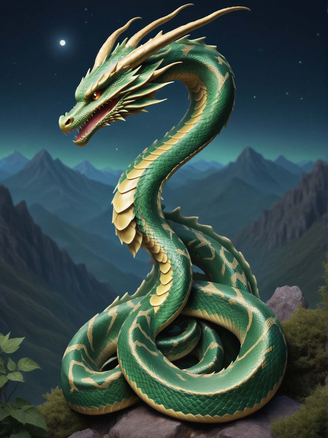 dragon, scales shimmering with iridescent colors, perched atop a craggy peak, moonlit night,
<lora:Serpent_World:1> snake