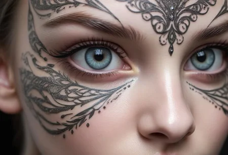 A Beautiful girl, wet big eyes, very long eyelashes, cat-like narrow highly detailed arrows, expressive eyes, expressive and pupils, glare and sparkle in the eyes, filigree symmetrical floral patterns-tattoos on the face, transformation, macro photography, haute couture, tenderness, noir, filigree details, metamorphoses of flowers, hyper-realistic, high quality, hyper-detailed, professional photo, red white pink tones, filigree, beautiful, body art of flowers, transparency photo, professional movie, professional picture, ultra detailed, ultra realistic, cinematic, sharp focus, bright light