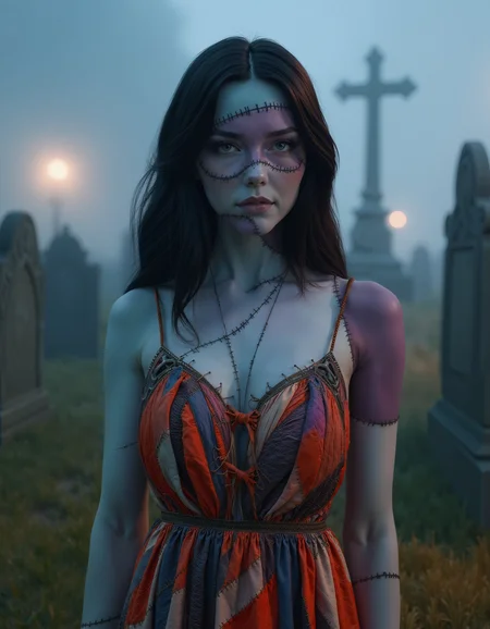 upper body photo of an undead woman wearing a sundress. Her body is covered in patchwork_skin of various colors stitched on with large black thread.  The background is a graveyard with thick fog. It's night time. bokah. Creepy., best quality, 4k, 8k, high resolution, cinematic, vibrant, intricate, Hyperrealistic, high detail, <lora:XLabs Flux Realism LoRA\flux_realism_lora.safetensors:0.8>, <lora:FLUX_Patchwork_Skin_Merge2_Shurik:1>