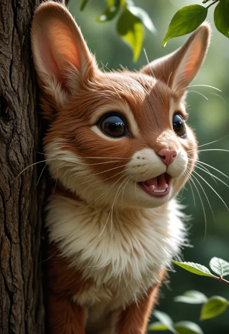 A lifelike depiction of a fantastical hybrid animal combining the most adorable features of a puppy, bunny, and squirrel. The creature is rendered with hyper-realistic detail, showcasing soft, velvety fur that transitions seamlessly from creamy whites to black and golden hues.
Its large, expressive eyes glisten with a lifelike shine, framed by delicate lashes, exuding curiosity and sweetness. The creature has floppy, bunny-like ears that fold gently around its small, rounded head, while its tiny nose and slightly open mouth reveal a playful, puppy-like demeanor. The bushy, squirrel-like tail is plush and textured, curled elegantly as it perches on a tree branch.
The environment is rich with natural detail: soft sunlight filters through leaves, illuminating the creature’s fur, while the bark of the tree and surrounding wildflowers add to the realism. Every detail, from the fine whiskers to the faint shimmer in its fur, contributes to a heartwarming and magical scene, blending fantasy with photorealism.
Keywords/Tags: Hyper-Realistic, Hybrid Animal, Puppy-Bunny-Squirrel, Adorable, Fluffy, Photorealism, Nature, Whimsical, Magical Creature, Realistic Fantasy, Innocent and Playful. cutelittleanimals