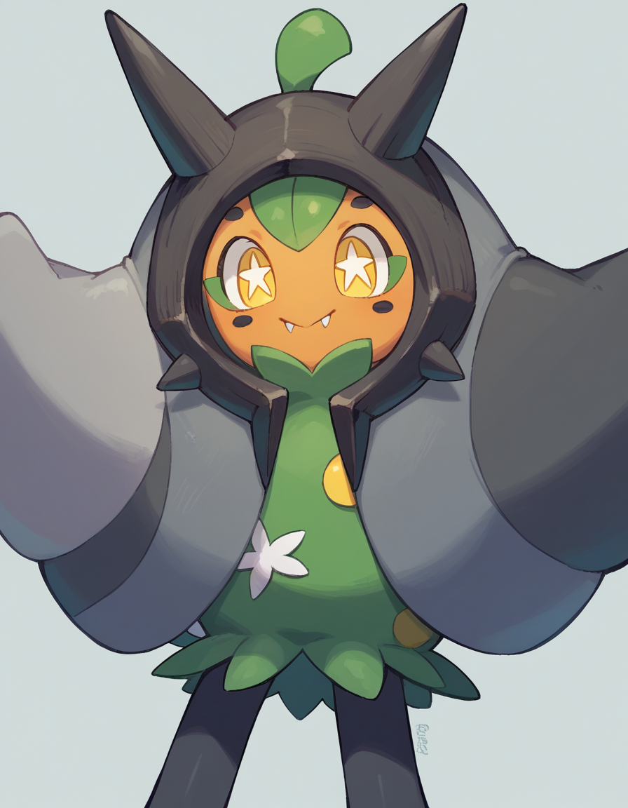zPDXL, score_9, score_8_up, score_7_up, source_anime, 1girl, solo, 
 <lora:Ogerpon_v2:0.8> ogerpon, pokemon \(creature\), yellow eyes, grey poncho,