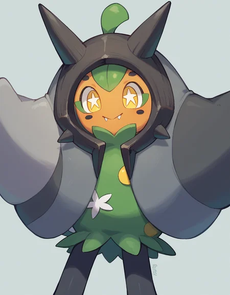 zPDXL, score_9, score_8_up, score_7_up, source_anime, 1girl, solo,
<lora:Ogerpon_v2:0.8> ogerpon, pokemon \(creature\), yellow eyes, grey poncho,