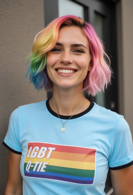 A short rainbow haired transgender smiling at you, wearing "LGBT Q-tie" shirt, male body, female face