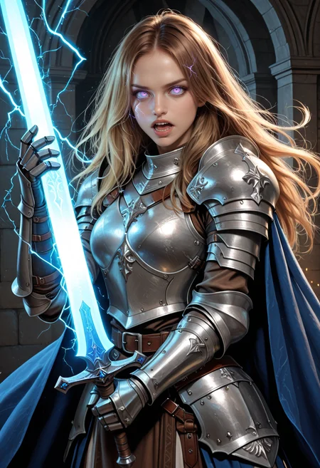 1girl, weapon, sword, armor, solo, cape, holding, holding weapon, open mouth, long hair, holding sword, blue cape, glowing, teeth, blue eyes, brown hair, gauntlets, purple eyes, shoulder armor, knight, breastplate, glowing weapon, belt, glowing sword, magic, two-handed, light trail, glowing eye, plate armor, blonde hair, electricity, upper teeth only, pauldrons, faulds, eye trail, <lora:MoriiMee_Gothic_Niji_Style_Illustrious_r1:0.6> artist:moriimee, <lora:PowerPuffMixLora:0.5>, <lora:Detailer_NoobAI_Incrs_v1:0.6> detailed,