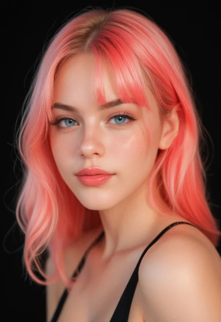 score_9, score_8_up, score_7_up, (realistic:1.4), thin neck,
1girl, pink wig, genz_haircut, (bangs:1.1), side view, (detailed face and eyes:1.2), white background, perfect cute face, blushing, (((egirl))), dappled light, sexy cleavage, (pornstar), turning to look at viewer, vibrant colours, serious face, round face, ((small sagging boobs)), ((glowing, streaks)), circles, evening, black background, lipgloss, thick thighs,