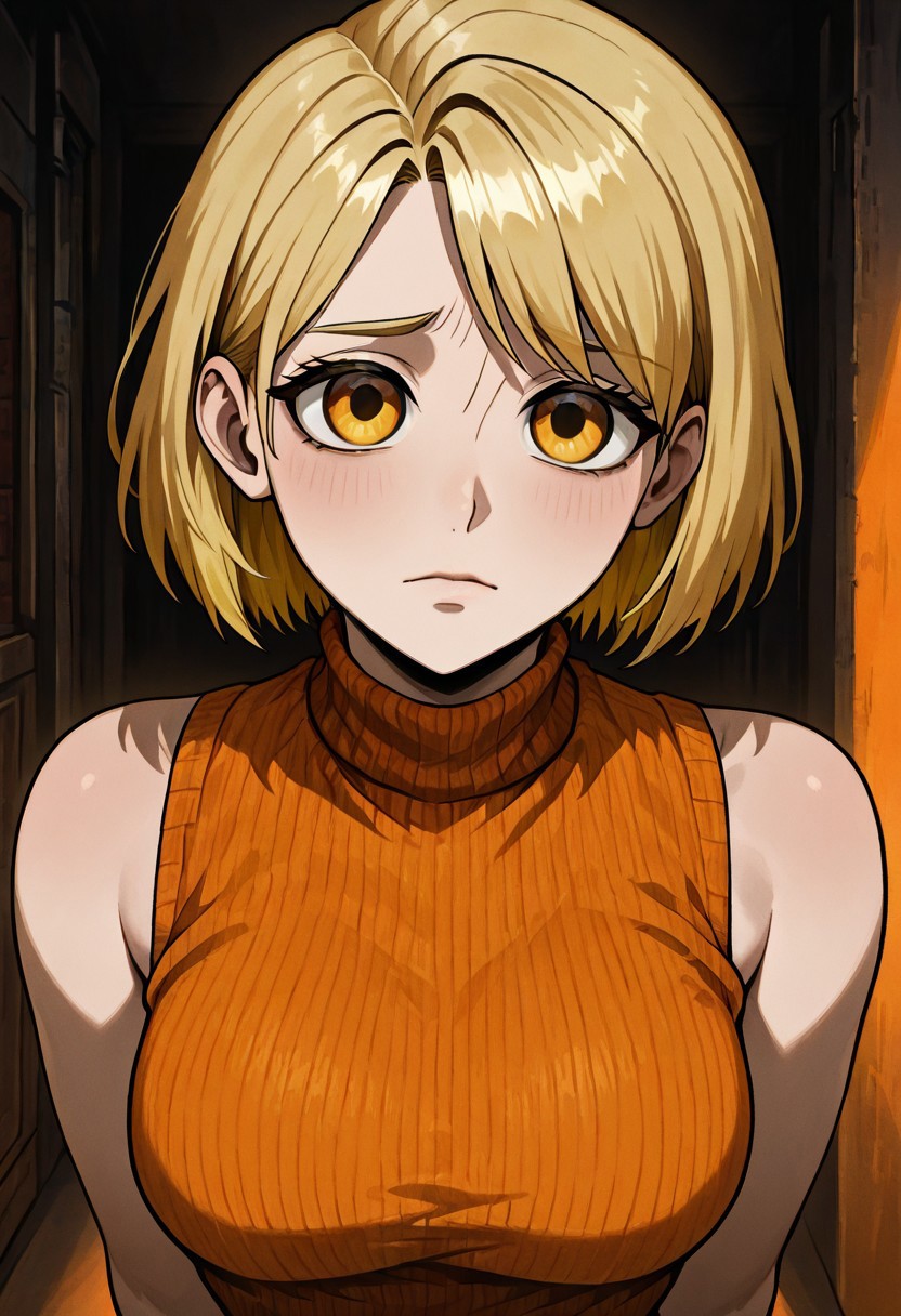 masterpiece, best quality, newest, absurdres, highres, P/PEV1.0, pleading eyes, 1girl, ashley graham (resident evil), blonde, orange shirt, blonde hair, orange sweater, 
sleeveless, sleeveless sweater, sleeveless tutrleneck, turtleneck, short hair, curtained hair,