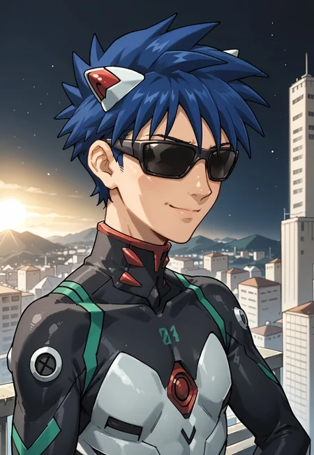 score_9, score_8_up, score_7_up, source_anime, solo, 1boy, DimonSV, (black sunglasses, toned sunglasses:1.5), spikes hair, blue hair, eva 01 plug suit, high resolution, aesthetically pleasing, light particles, center focus, evil smile, body, best lighting, cg coloring, soft lighting, soft shading, beautiful face, deep eyes, shiny skin, cute, hands on hips, cowboy shot, dutch angle, cityscape, sunset