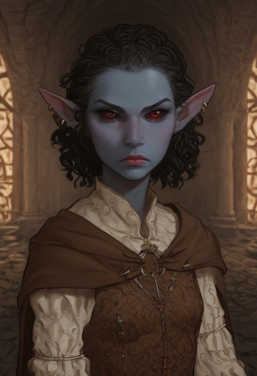 safe_pos, solo, short pointy ears, piercings, random elf face, aquiline features, androgenous dark elf, weathered skin, large nose, athletic build,  animated realism, zoomed out, Syrian features, torso, brass pipes and gears, intricate architecture, dwarven masonry, dwemer fixtures, white-green light, gloomy lighting, ancient ruins, interior, stone tiled floor, grey-blue skin, mahogany and ivory clothes, medium armor, bone plate armor, ivory straps and fittings, alien bone ornaments, grey wood neckguard, dark red sclera, black pupils, distant mushroom forest, blue-green light, neon, highly detailed, defined features, looking at viewer, three quarters view, from front, dynamic lighting, 18 years old, light and shadows, patterned cloth, annoyed expression, expressive eyes, detailed medieval clothes, small_breasts, short hair, wavy hair, thick hair, beaded hair, braided hair, under cut hair, semirealistic, alien elf, spanish features, jewish features, black hair, dark red hair, umber skin, sharp features, pastel green berber print cloak, nighttime, high detail, absurdres, pretty eyes, detailed eyes, red eyes,