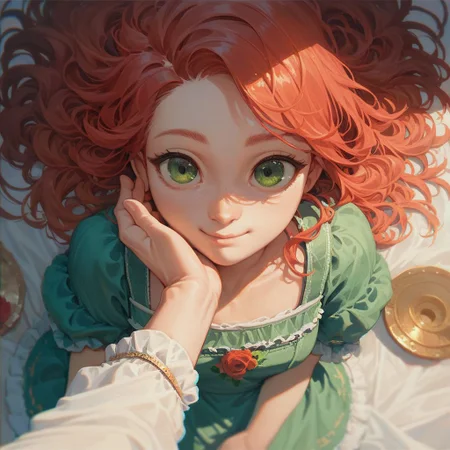 score_9, score_8_up, score_7_up, (best quality, masterpiece), solo, little girl, red hair, green eyes, cute, perfect detailed face, expressive eyes, (viewer's hand), looking at viewer, from above, summer dress, pov