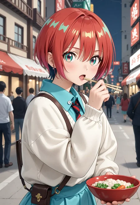 <lora:Hyper-SDXL-8steps-lora:1> <lora:Fixhands_anime_bdsqlsz_V1:1> zPDXL2, score_9, score_8_up, score_7_up, masterpiece, best quality, absurdres, high resolution, 8k, official art, official style, source_anime, uncensored, anime screencap, anime coloring, megami magazine, (ai-generated:0.6), 
1girl, GQuX-amate_yuzuriha, red hair, multicolored hair, short hair, aqua eyes, multicolored eyes, aqua shirt, striped necktie, white sweater, aqua skirt, grey socks, black boots, 
upper body, holding chopsticks, rice bowl, from side, looking at viewer, eating, Neutral, A relaxed facial expression with a slightly open mouth., outdoors, city, audience, crowd, solo, solo focus, rating_safe, 
<lora:GQuX-amate_yuzuriha_XL(pony)v10:1>