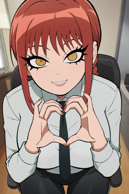 score_9, score_8_up, score_7_up, source_anime, aesthetic, intricate details, solo, 1girl BREAK
 <lora:Scott_Pilgrim_Takes_Off_style:1> scott_pilgrim_style, makima \(chainsaw man\), red hair, braid, yellow eyes, ringed eyes, collared shirt, white shirt, necktie, black pants, curvy, looking at viewer, evil smile, office, office chair, indoors, leaning forward, heart hands