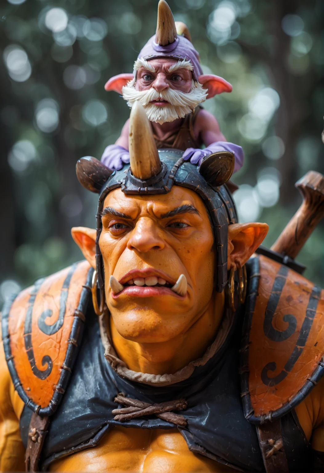 <lora:Alchemist_v2:0.75>alchemist_v2,
2boys, multiple boys,
black eyes,muscular, pectorals, muscular male, bara, single horn,colored skin, yellow skin, teeth, tusks, hoop earrings, armor, navel,horned helmet,
size difference,
purple skin, pointy ears,hat, facial hair,mustache, beard, gloves,, score_9, score_8_up, score_7_up, score_6_up, derpibooru_p_95,
detailed eyes, beautiful, detailed background, perfect eyes,
blur censor, blurry, blurry background, blurry foreground, bokeh, motion blur,
chromatic aberration, depth of field, figure, focused, focus
photography, realistic sun light and shadows, photorealism, UHD --ar 9:16 --style raw --stylize 700,
solo,
The background is a vibrant orange and yellow pattern with swirls and curves. The overall mood of the image is bold and striking.,
