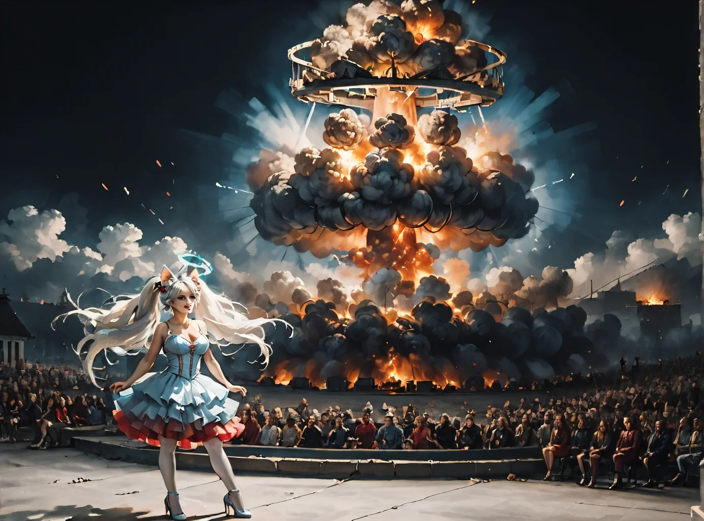 score_9, score_8_up, score_7_up, full body image, environment interaction, dancing alone, <lora:Kirsche:1>(kirsche, twintails, long hair, fluffy hair, cherry hairornaments, white hair, animal ears, large breasts, halo), vampire dress, black details, red lining, Black hair, white highlights, <lora:Nuclear_Explosion:1> Nuclear Explosion, Blue Nuke in the Background, A skulls throne, darkened by time and decay, the growing black tendrils sprawl in technological terror,highly detailed