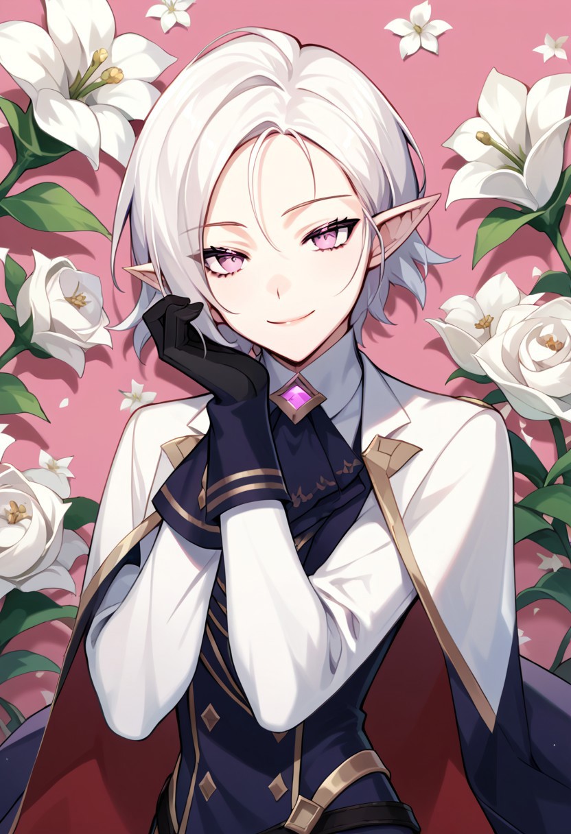 score_9,score_8_up,score_7_up,source_anime, Lucilicca La'elaya,solo,looking at viewer,smile,gloves,long sleeves,1boy,purple eyes,flower,white hair,male focus,black gloves,pink eyes,floral background,