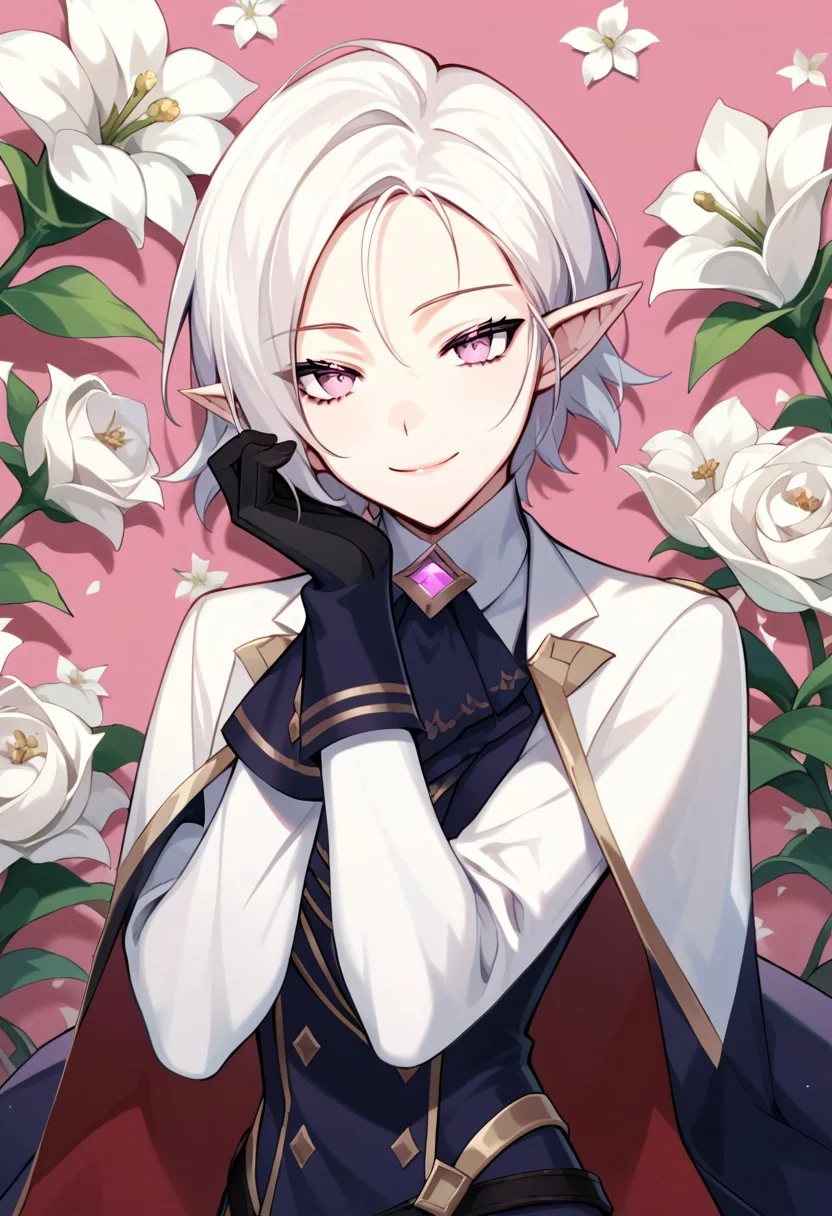 score_9,score_8_up,score_7_up,source_anime, Lucilicca La'elaya,solo,looking at viewer,smile,gloves,long sleeves,1boy,purple eyes,flower,white hair,male focus,black gloves,pink eyes,floral background,