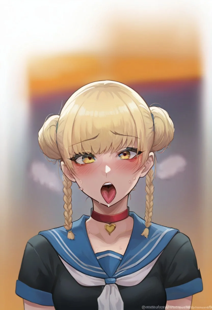 score_9, score_8_up, score_7_up, Mevak_PS, source_anime, hi res, masterpiece, best quality, highres, female focus, red choker, serafuku, blush, open mouth, tongue out, looking at viewer, blue sailor collar, short sleeves, upper body, collarbone, teeth, shirt, heart choker, sweat, neckerchief, zPDXL, zPDXLxxx, Beer_Majima, Majima (IKMRU), blonde hair, hair bun, double bun, braid, yellow eyes, twin braids, makeup, bangs, armlet, black nails, eyeliner
