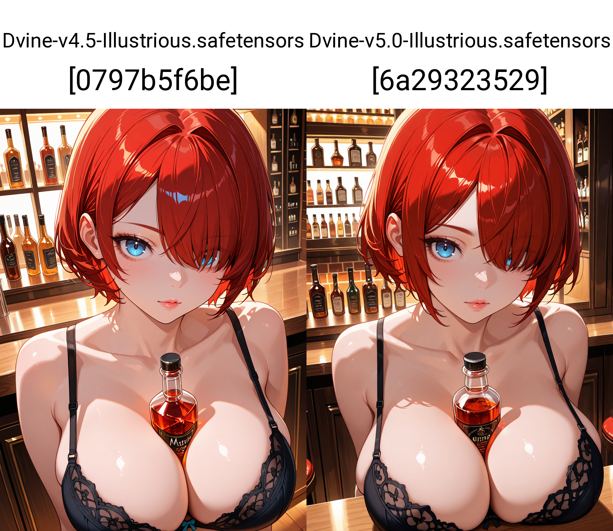 1girl, solo, red hair, short hair, hair covering one eye, massive breasts, red hair, lips, blue eyes, cleavage, parted lips, closed mouth, between breasts, bottle, bra, bar,, <BREAK> , masterpiece, best quality, absurdres, highres, very aesthetic, high quality, detailed, insanely detailed, beautiful, very awa