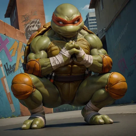 score_9, score_8_up, score_7_up, michelangelo, male, anthro, solo, green skin, white eyes, muscular, 3 fingers, 2 toes, turtle shell, orange mask, orange shoulder pads, orange knee pads, bandages, nunchucks, crouching, serious, praying hands, low angle, dutch angle, side angle, outdoors, skatepark, graffiti