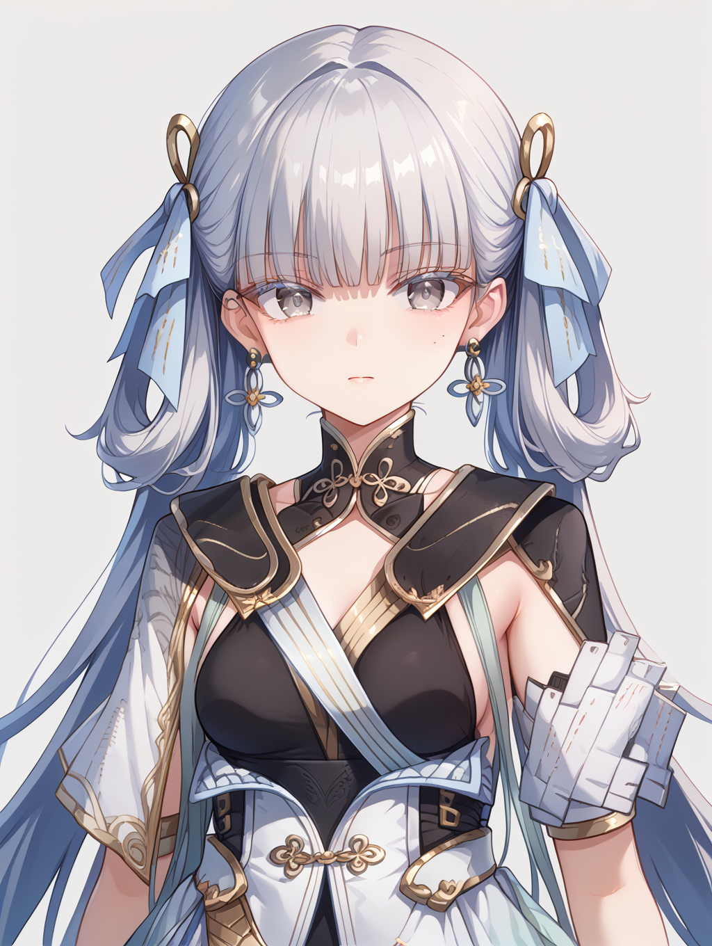 score_9, score_8_up, score_7_up,source_anime,BREAK,
looking at viewer, <lora:JinshiPonyV5-04:1.0> jinshiponyv5, 1girl, long hair, earrings, (grey eyes:1.2),
 medium breasts, blunt bangs, dress, ribbon, hair ribbon, mole under eye, very long hair, short sleeves, bracelet, ring, collarbone,simple background, portrait ,