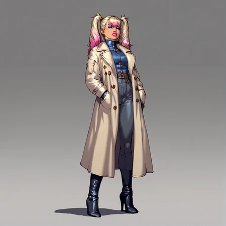 <lora:Dmitrys_Style_v2_PonyXL:0.8>, by dmitrys, dmitrys, score_9, score_8_up, score_7_up, score_6_up, score_5_up, score_4_up, source_anime, source_cartoon, rating_safe, 1girl, boots, coat, dyed-hair, eyeshadow, gloves, high heel boots, hoop earrings, lipstick, makeup, female, trenchcoat, twintails, detailed background, in the swiss alps, leaning