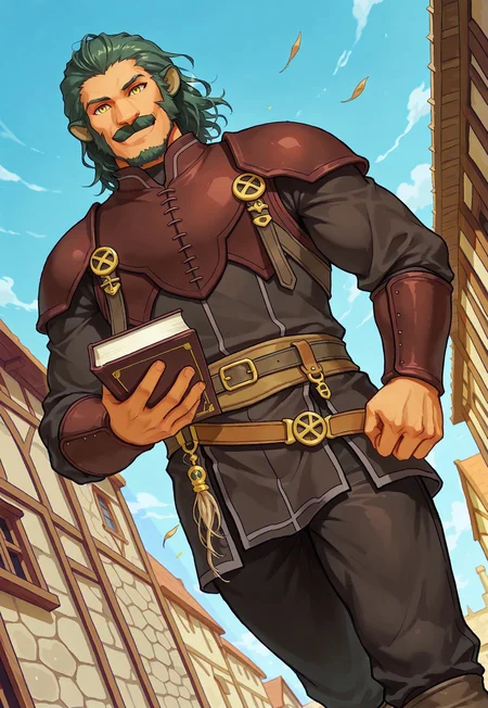 Giffca, 1boy, lion ears, medium hair, yellow eyes, green hair, facial hair, mustache, medieval town, blue sky, portrait, looking at viewer, smile, armor, bracers, belt pants, dynamic pose, dutch angle, happy, belt, front view, gust of wind, (walking down the street), market, holding a book, below view, muscular, mature male,