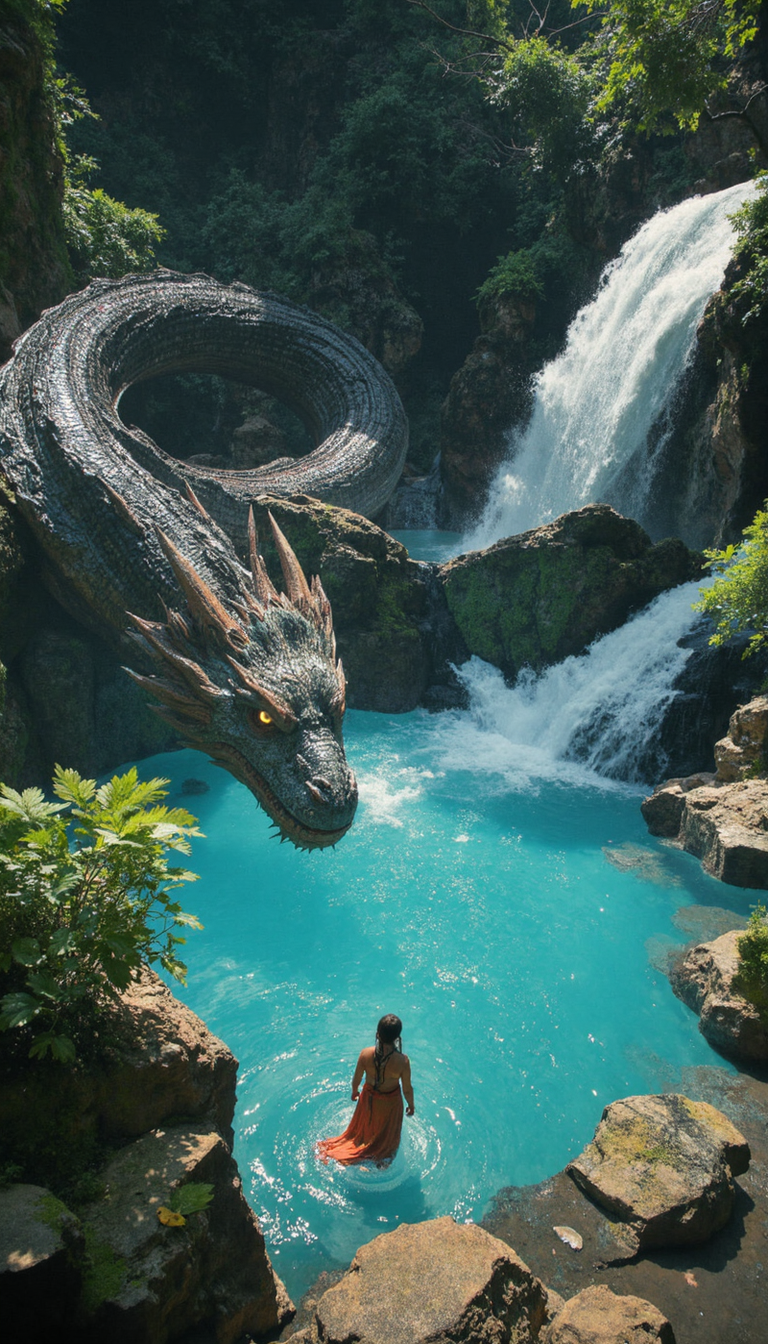 crayon,glow, A colossal, serpentine Eastern dragon, scales meticulously rendered, coils around a turquoise pool fed by a cascading waterfall.  Dynamic three-quarter aerial shot emphasizing the dragon's sheer size and intricate details.  A lone figure, garbed in vermillion, stands waist-deep in the cerulean water, facing the draconian visage. Lush vegetation clings to the rocky precipice surrounding the pool. Background depicts a larger body of water, its surface subtly undulating.  Emphasize the interaction between the diminutive human and the immense dragon.  Focus on the juxtaposition of textures:  rough rock, smooth water, reptilian scales, flowing fabric.  Augment the scene with ethereal, diffuse lighting filtering through the foliage. Include detailed ripples emanating from both the figure and the cascading water, highlighting the pellucid nature of the pool.