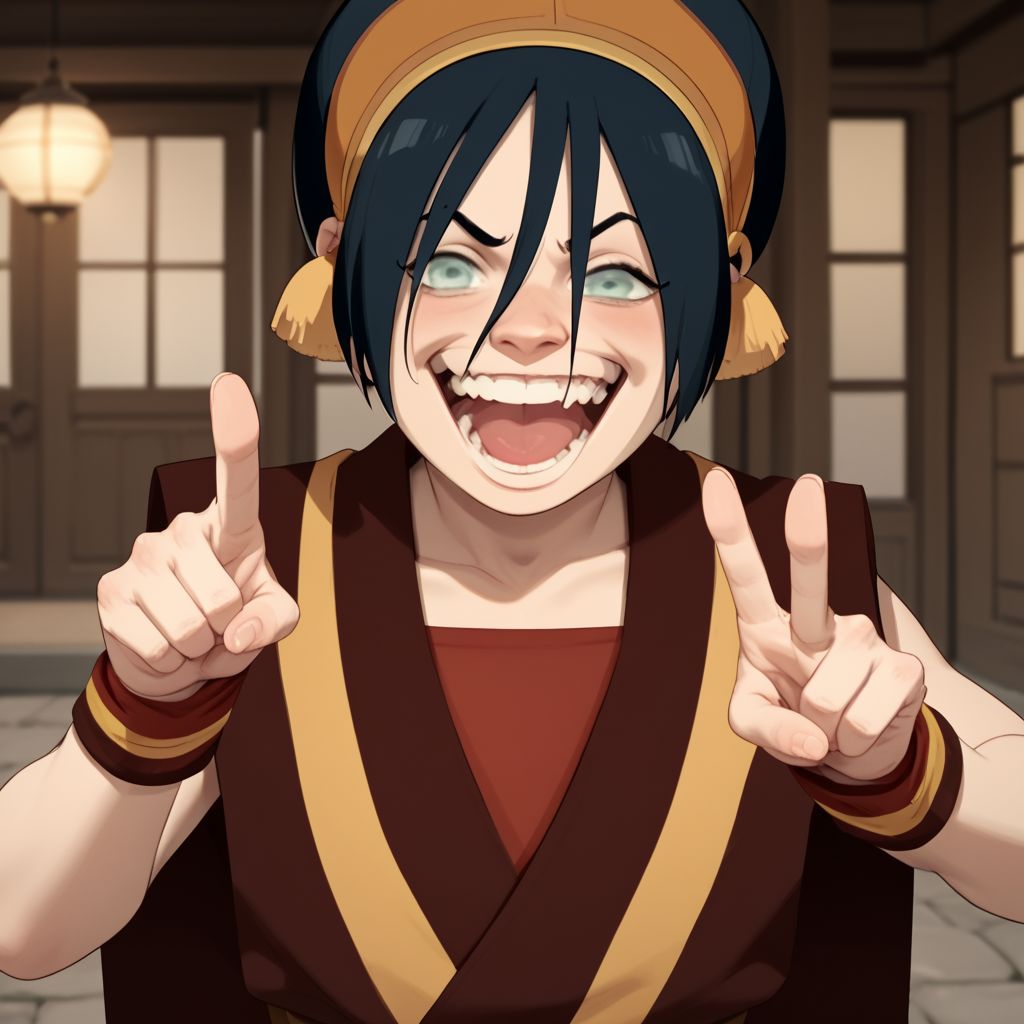 score_9, score_8_up, score_7_up, score_6_up, score_5_up, score_4_up, 1girl, Toph, blind, in a Japanese village, laughing, pointing at the viewer