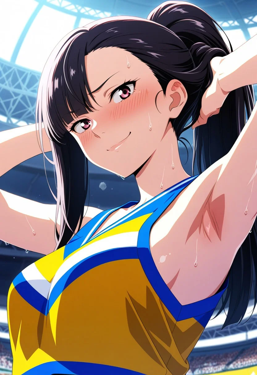 ((armpits focus)),((extreme close-up)),pov,presenting armpits,hands in own hair,BREAK 8k,ultra sharp, ultra detailed, high contrast, good contrast,Highly Detailed, Masterpiece, Absurd, High Resolution,Perfect Anatomy,Cinematic Lighting,Colorful,Erotic_style,uncensored,anime_coloring,anime_screencap,BREAK 1girl,sanpaku,garnet eyes,long hair,long ponytail,(ivory black hair,asymmetrical bangs),BREAK ((yellow solid cheerleader)),embarrassed,smug,sweat,steam,look at viewer,stadium,from below,