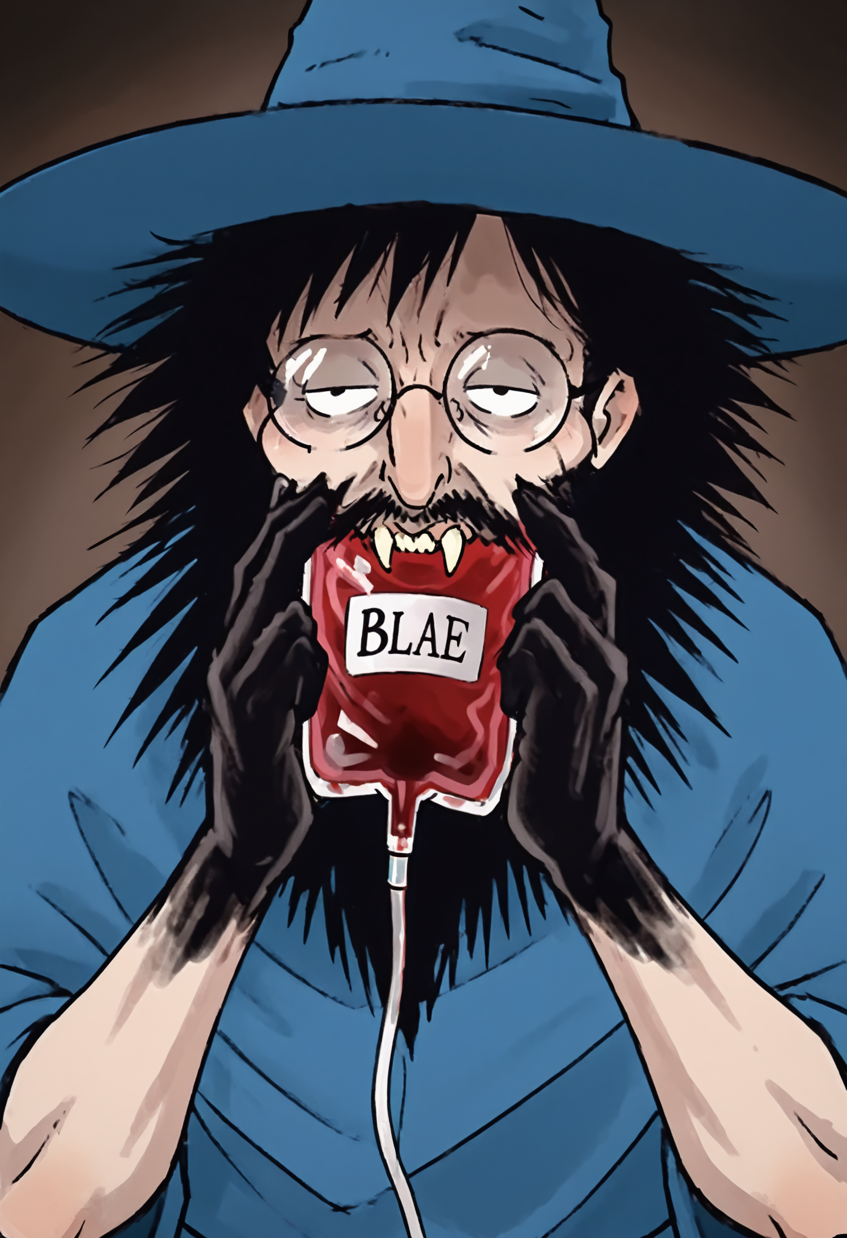 official style, anime coloring, masterpiece,best quality, amazing quality, FACE focus, portrait, 8K UHD,1man, vampire, kevinHP, wizard hat, glasses, broken lens, black beard, black hair, fangs, blue robe, holding a transfusion blood bag,   <lora:KevinHP_V.01-000035:0.8>, black hands, black claw <lora:handsomize_x_pdxl_v1:1> handsomize