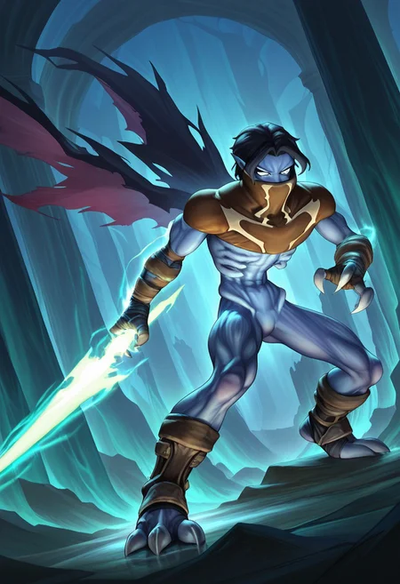 AMAZING QUALITY, MASTERPIECE, 1BOY, RAZIEL, POINTY EARS, BLUE SKIN, BLACK HAIR, WHITE EYES, NECK GAITER, TORN WINGS, CLAWS, ARM ENERGY, BANDAGES, WRAITH BLADE, ENERGY SWORD, SPIRIT REALM,