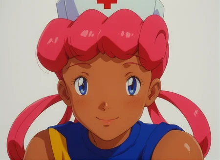 score_9, score_8_up, score_7_up, 1girl, solo, source_anime, pkmnjoy, hair rings, dark skinned female, wetsuit, sleeveless, nurse cap, blue eyes, pink hair, dark-skinned female, <lora:Nurse_Joy_-_Pokemon_anime_Orange_islands:1>  simple background, white background, face focus, close up, smiling with half closed eyes, looking at viewer, leaning forward,