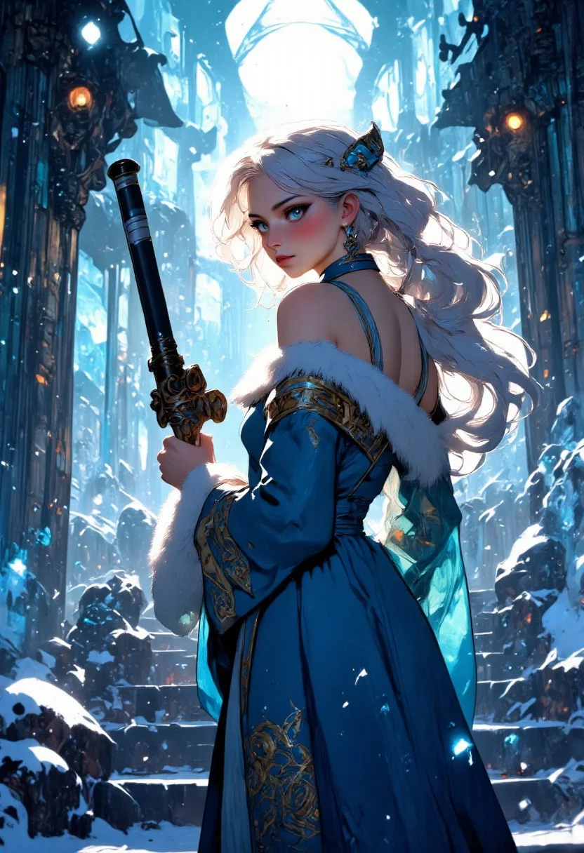 masterpiece, best quality, good quality, newest, highres, absurdres, volumetric lighting,gradient color, BREAK raytracing, volumetric lighting, ambient occlusion, girl, luminescent background, masterpiece, best quality, very awa, absurdres, BREAK Sole female, Yukinoshita Yukino, Yuki-onna mature beauty, icy blue eyes, blue eyes, perfecteyes, glowing eyes, long hair, snow-silver hair, snow, stairs, luscious soft lips, pale skin, colored skin, (white skin:1.3), standing, ice themed glowing kimono, fur trimmed blue Kimono off the shoulder, bare shoulders, sky, snowfall, temple, looking at viewer, upper body, from below, looking forward, milf, mature, motherly, Auntie, arrogant, stern women, proud, seductive, feminine, soft smile, massive sagging breasts, torpedo tits, pointy breasts, (covered nipples),