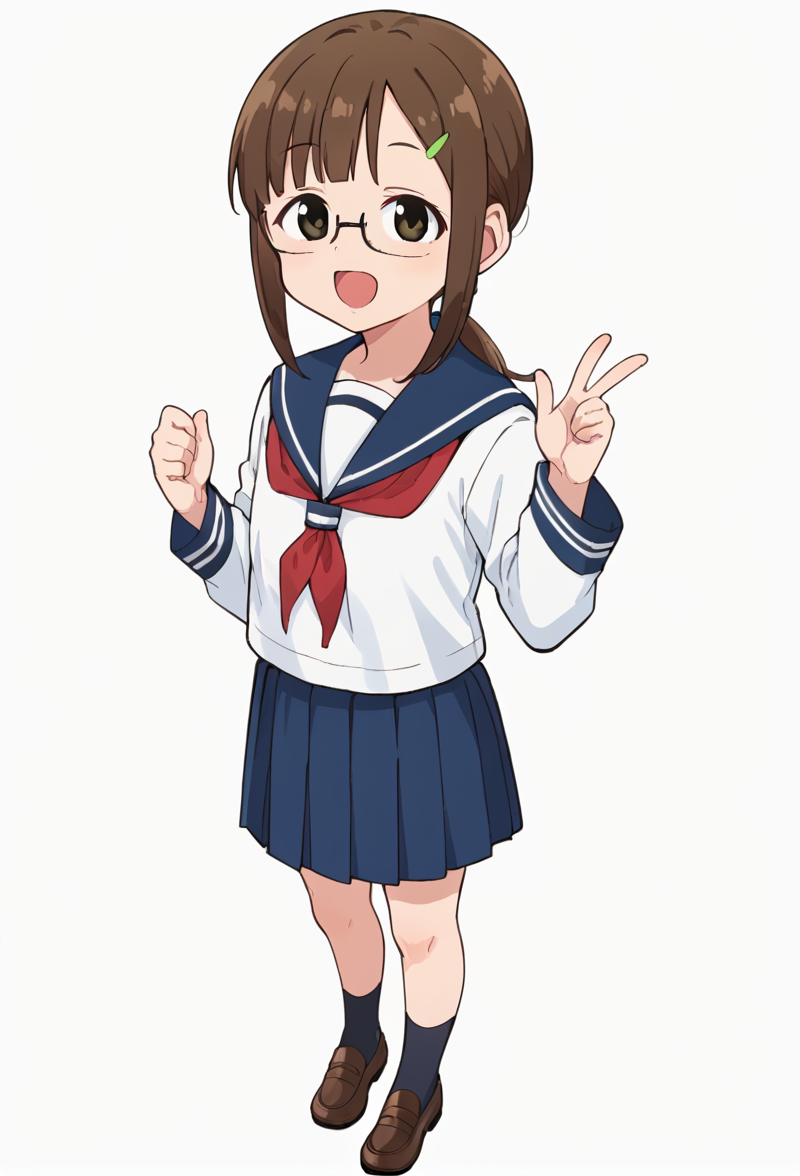 <lora:kotone:0.8> kotone, smile, serafuku, looking at viewer, smile,  open mouth, simple background, white background, full body, standing, black socks, brown shoes, low ponytail, glasses, blue skirt,