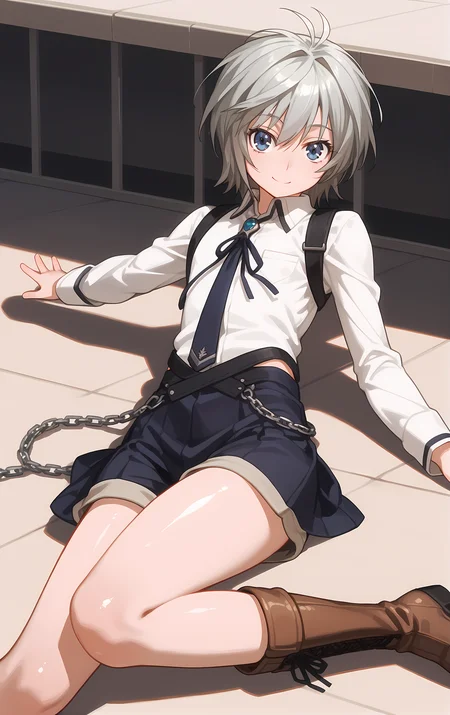 (score_9, score_8_up, score_7_up), looking at viewer, smile, closed mouth, shiny skin,
ohwx, solo, 1boy, male_focus, blue_eyes, grey_hair, white_hair, short_hair,
androgynous, aged_down, boots, chain, long_sleeves, necktie, ribbon, school_uniform, shirt, shorts, skirt, suspenders, white_shirt,
summer, Lying with one arm stretched out,
<lora:shiina_pony_ss:1>
