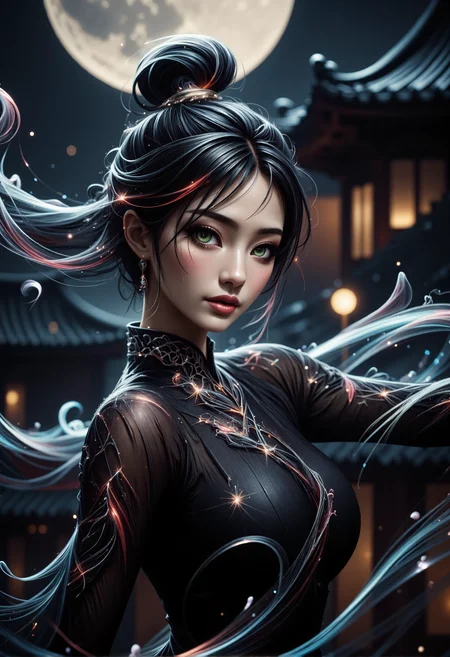 mad-wsps, xslx scribble, detailmaximizer. A medium close-up of a stunning young Asian woman, captured from her shoulders up as she gracefully dances under the full moon. Her delicate, smoky makeup enhances her deep green eyes, giving them an otherworldly glow, while the moonlight accentuates the red shimmer in her deep black hair. Her hair is styled in a traditional Chinese manner, with part of it pinned up and the rest flowing freely. The ornate details of her black dress, adorned with subtle white embroidery along the collar and sleeves, are visible. Behind her, the decorative eaves of the palace rooftop are highlighted by the soft moonlight, adding to the spiritual and mystical atmosphere., <lora:RealisticAnimeFlux_v2.safetensors:1.0:1.0> <lora:Wisps_of_Light_FLUX.safetensors:0.8:0.8> <lora:scribble-flux-v1.safetensors:1.0:1.0> <lora:aidmaImageUpgrader-FLUX-V0.1.safetensors:0.5:0.5>