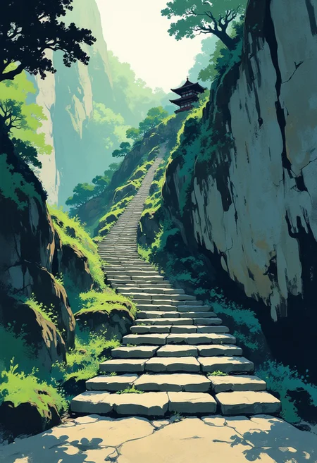 A wide shot painting, executed in a simple, impressionistic style with visible brush strokes, captures the serene beauty of a path leading to an ancient Japanese temple. The perspective emphasizes the long, gradual ascent of the stairs, carved into the side of a rugged cliff face. The weathered stone steps, softened by time and moss, blend seamlessly with the natural surroundings. A fertile forest, teeming with lush greenery, blankets the slopes on either side of the stairway, hinting at the tranquility and seclusion of the temple nestled within its embrace. The color palette is likely muted and earthy, reflecting the natural harmony of the scene, with perhaps hints of vibrant green foliage and the subtle greys and browns of the rock and temple structures. The brushstrokes are loose and expressive, capturing the essence of the landscape rather than focusing on precise details. The overall effect is one of quiet contemplation, a sense of peace and reverence evoked by the combination of the ancient temple, the natural beauty of the forest, and the simple, evocative artistic style. The viewer is invited to imagine the journey up those steps, towards a place of spiritual significance, surrounded by the tranquility of nature.
stylized illustration, brush strokes, sr3fmj, Anime, Niji, artipencil01