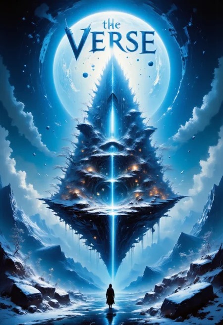 A bold book cover with large text:"The Verse" in a futuristic font and the image of, A Journey into a fantasy world during the holidays, where a floating island adorned with magical trees and ethereal creatures creates a breathtaking scene beneath the celestial glow. (Floating island, magical trees, ethereal creatures), (Fantasy realism:1.3), (Ethereal glow:1.4), (Celestial atmosphere:1.5), (Holiday magic:1.5), (Glistening details:1.3), (Whimsical beauty:1.4), (Ultra-high resolution:1.3), (Winter enchantment:1.2), (Crisp and clear:1.2)., aidmaimageupgrader, aidmaMJ6.1, aidmaTextImprover
