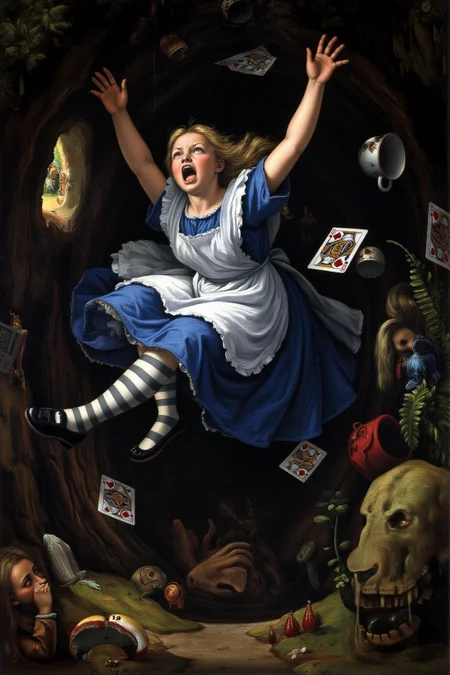 raphael1 painting.
Overhead view of Alice in Wonderland falling into the rabbit hole, with her legs dangling beneath her. She is looking upward, her face filled with shock and terror as she screams. Her blue dress and white apron billow out around her as she tumbles, while her striped stockings and black shoes are visible below. The rabbit hole is a swirling, chaotic mix of vibrant colors, playing cards, teacups, and other Wonderland objects floating around her. Soft glowing light emanates from the tunnel walls, adding an eerie, fantastical feel to the scene. The sense of motion and fear is palpable as Alice falls deeper into the unknown
<lora:raphael1_cap_d6a3:1.0><lora:843642971489377118:0>