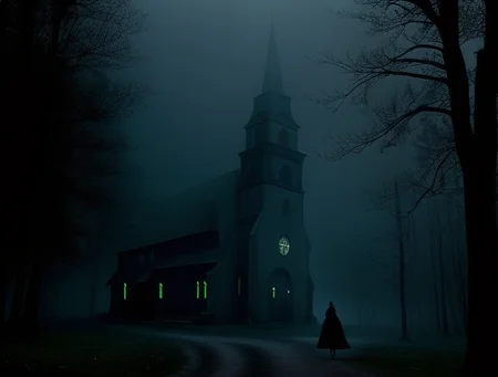 <lora:burton:1>tm style, landscape of a church surrounded by dark forests at night  a woman from the 1800s walking alone, tim burton movie frame, cinematic, a lot of haze, volumetric lights, realistic, 8k