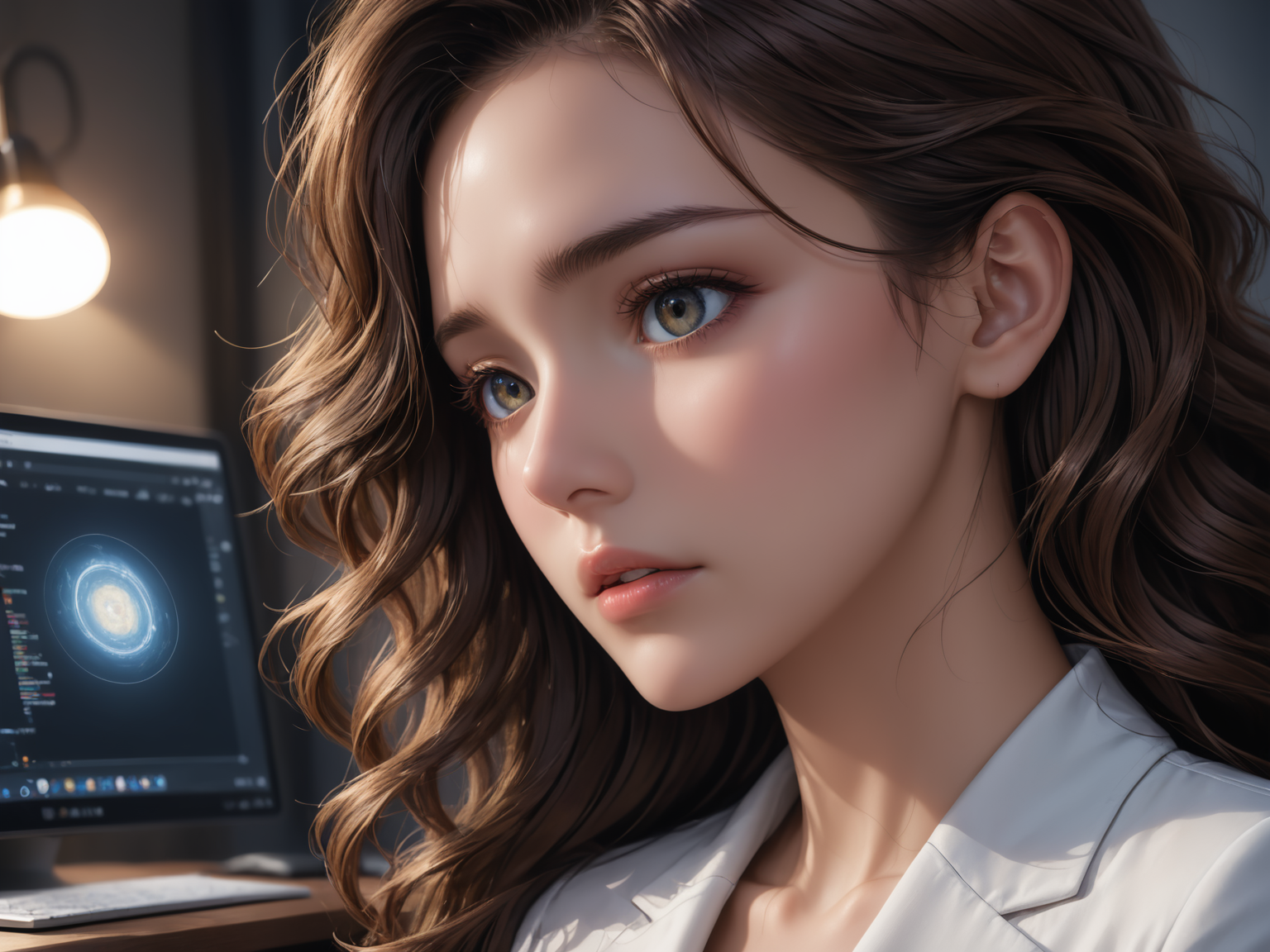 A woman who is not very adept at using computers feels a bit sad for some reason,She leans on the desk with a face full of sorrow,
a woman in her twenties,eastern european women,from_side,close-up,face_focus,female,solo,shiny skin,slender,slender_waist,detail face,detail eyes,detail,
(anime:1.3),masterpiece,best quality,Highly detailed,Professional,absurdres,extreme detail description,highres,realistic,photorealistic,perfect anatomy,wallpaper,Cinematic Lighting,cinematic bloom,available light,atmospheric lighting,moody lighting,
,,,,(dynamic_angle:1.3),<lora:add-detail-xl:2>,<lora:ç»èè°æ´-ç¾å­¦aesthetic_anime_v1s:1.5>,<lora:ä¿®å¤-ç¼DetailedEyes_V3:1.5>,<lora:Ave:0.8>